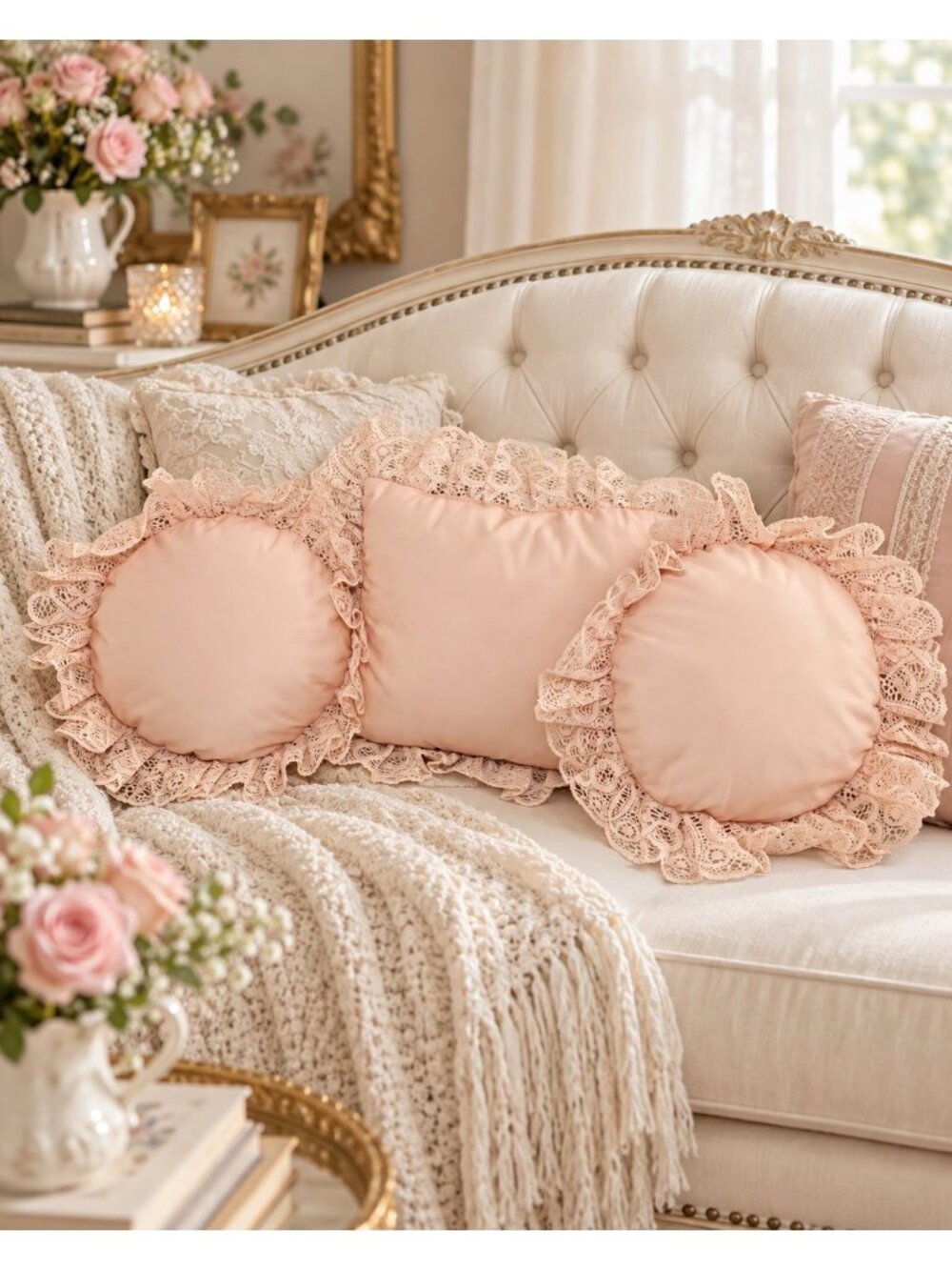 VTG Pink Lace Ruffle Pillows Set 3 Pc Round Rectangle Romantic Cottage 11"